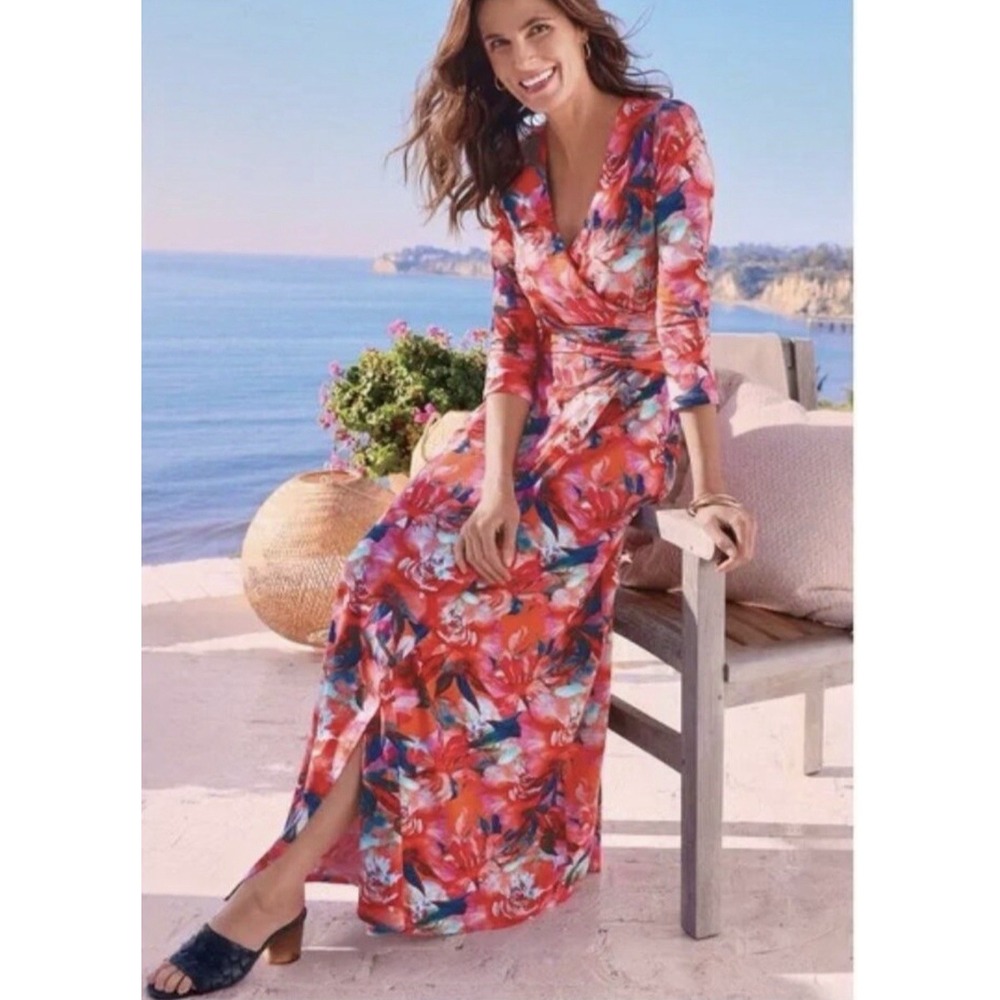 Soft Surroundings Size-S Le Jardin Faux Wrap Maxi Dress Crimson Floral Print